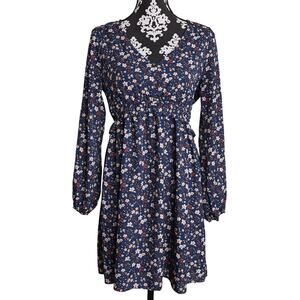 Women's Navy Orange Cream Floral Cottage Flowy Pullover Midi Dress Cinched Waist